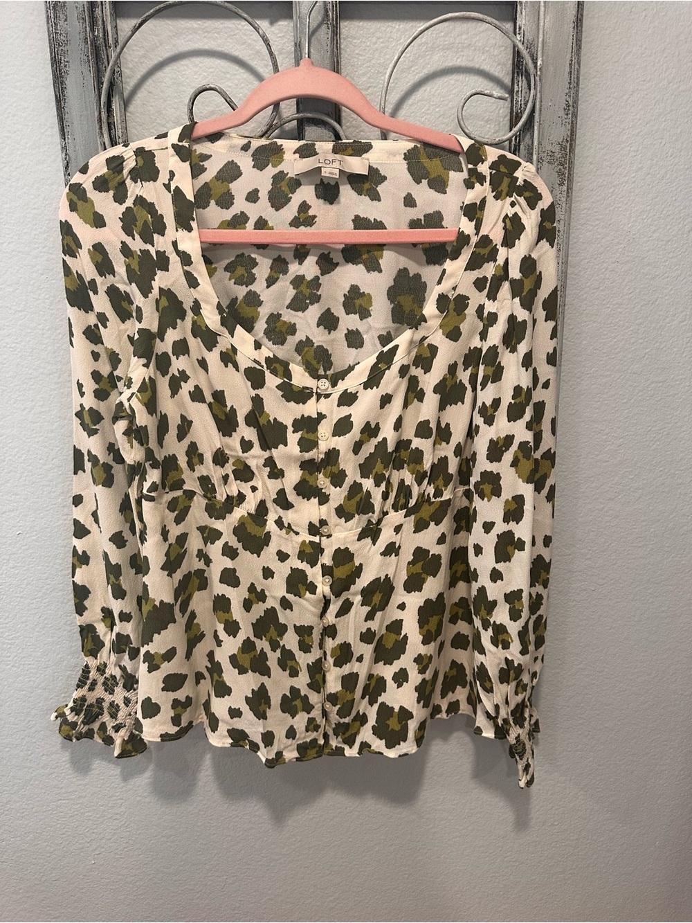 LOFT Cream and Olive Leopard-Print Button Front Blouse